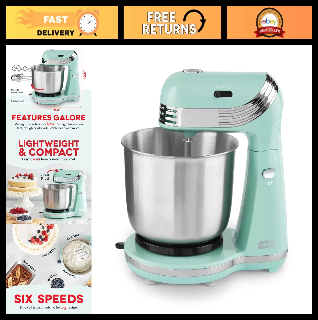 6-Speed Electric Stand Mixer with 3Qt Stainless Steel Bowl, Dough Hooks & Beater