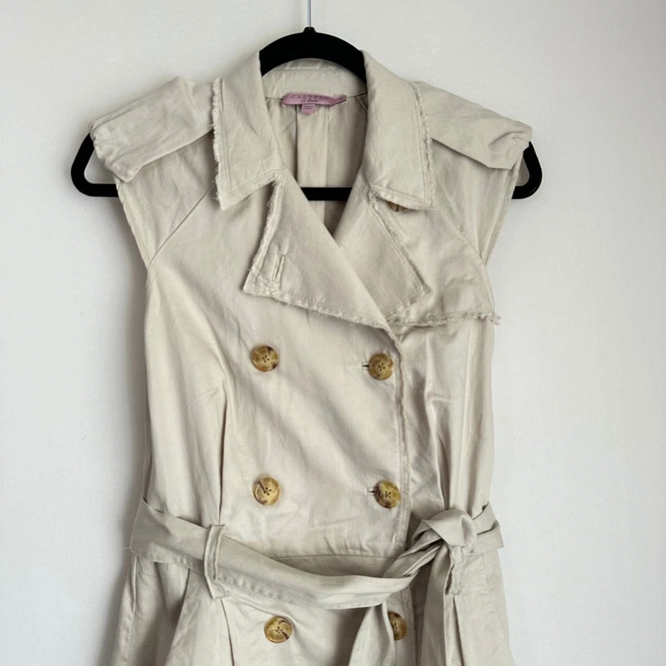 Vestido trincheira Calypso St. Barth linho sem mangas cáqui com cinto botão para baixo P - Imagem 3 de 4