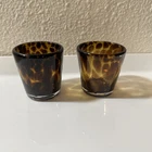 PAIR Candle Holder Blown Art Tortoise Shell Pattern Amber Brown Murano Style