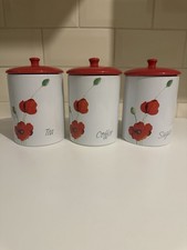 Rayware Alpine Poppy Tea Coffee Sugar Canister Set Red Lids New Boxed