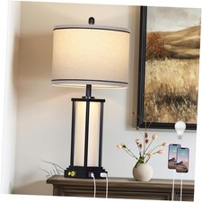 27" Tall Vintage Table Lamp with USB C A  Outlet,Black Industrial End Black-1P