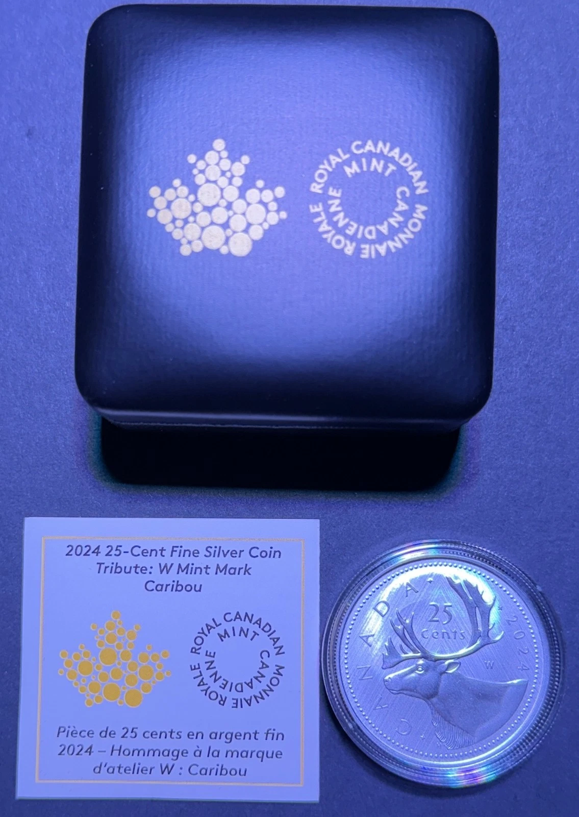 2024 Silver 1 oz Coin Canada Caribou 25 cent W Winnipeg Mint Mark  w/Box & COA image 1