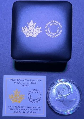 2024 Silver 1 oz Coin Canada Caribou 25 cent W Winnipeg Mint Mark  w/Box & COA - product listing photo