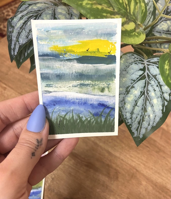 ACEO Original Art Card Miniature ocean bird landscape Andrea Baker