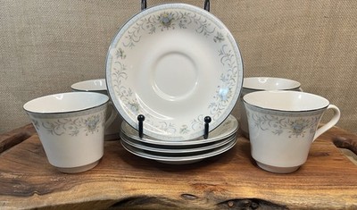 Set of 4 AMERICAN ROYALTY Blue Versailles Cups & Saucers -Porcelain Fine China
