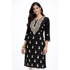 Black Chikankari Cotton Kurti Hand Embroidered Straight Cotton Kurti for Women