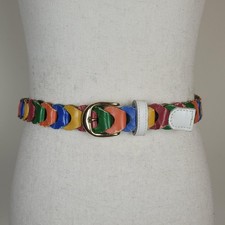 Vintage Colorful Leather Belt Medium Braided Woven Boho 80s Festival Rainbow