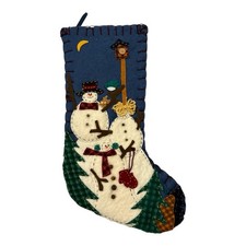 3D Applique Felt Stocking Christmas Decor Embellished Whipstitch Snowmen Lg 21"