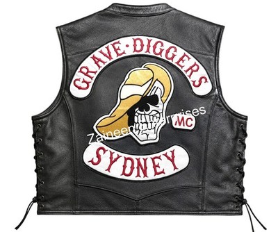 Genuine Leather Biker Vest Grave Diggers Sydney MC Patch Motorcycle Club Style