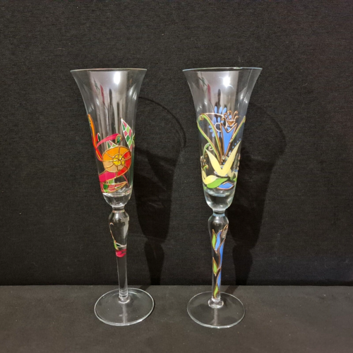2 grands verres décoratifs à décor peint - XXe - Picture 1 of 13