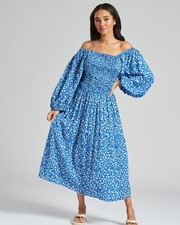 Ladies Summer Dress Blue Floral Off the Shoulder Bardot Midi Long Dresses