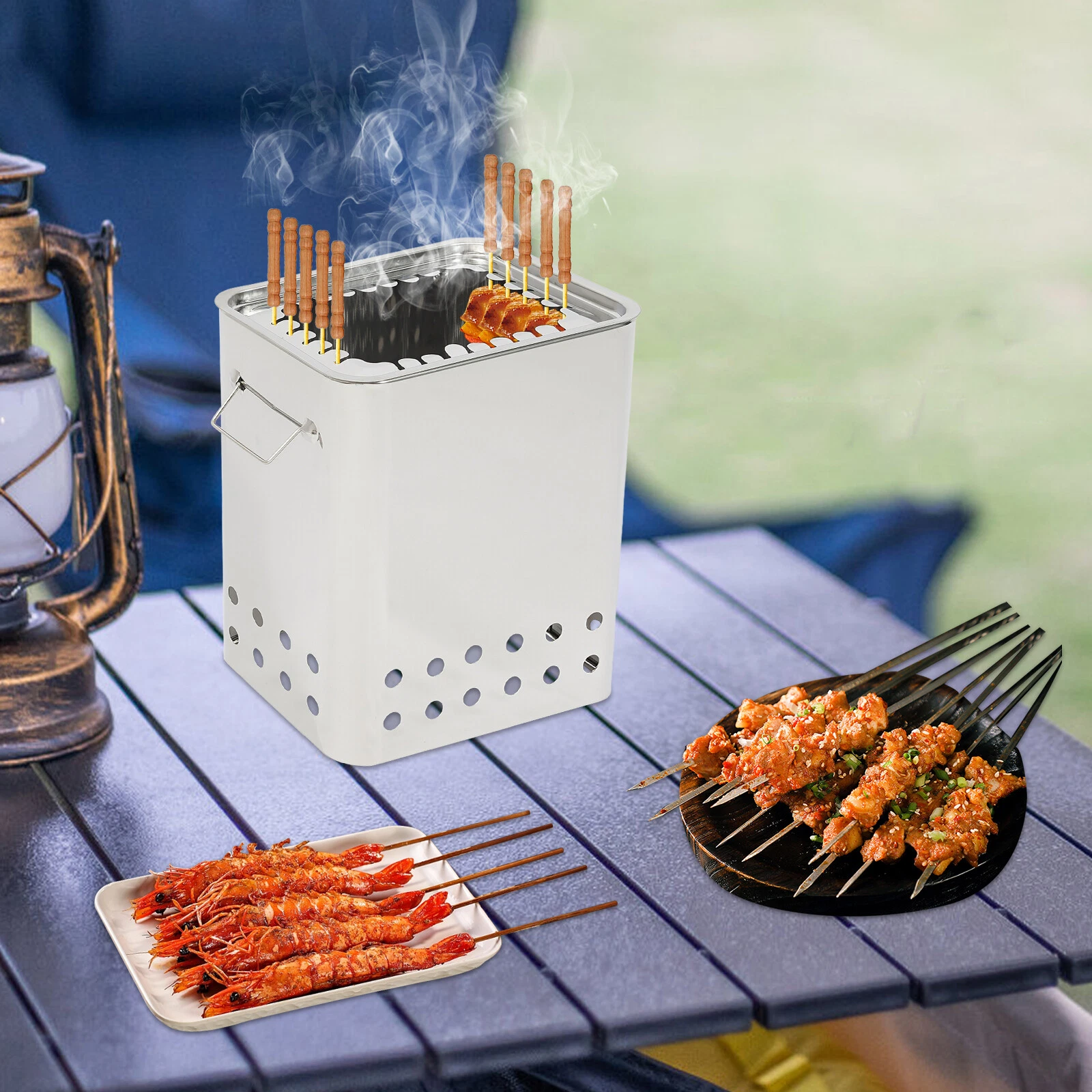 Portable Square Barbecue Hanging Grill Stainless Steel Barbecue Grill Silver