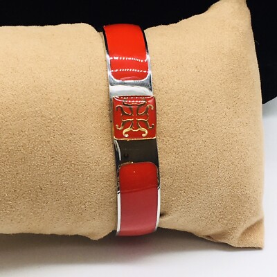 Rustic Cuff Red Enamel Silver Tone GT  Logo Clasp Hinged Bangle Bracelet