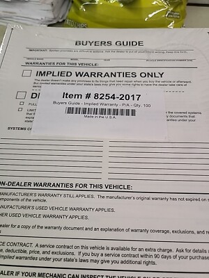 1 PART SELF ADHESIVE BUYERS GUIDE PACK OF 100 FORM IMPLIED WARRANTY CAR DEALER