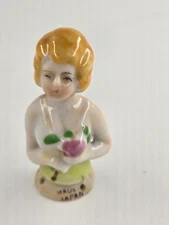 Porcelain Half Doll Japan Blonde Holding Flowers Pin Cushion Vintage