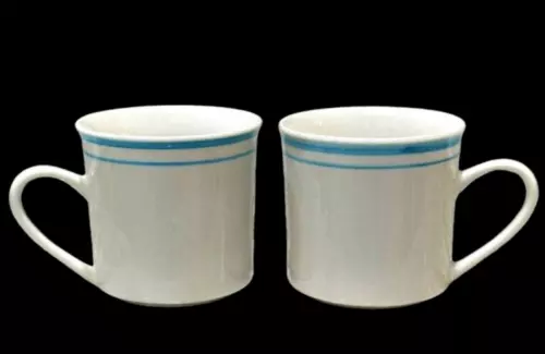Vintage White with Turquoise Blue Striped Bands Coffee Mugs Cups Set of 2 MCM