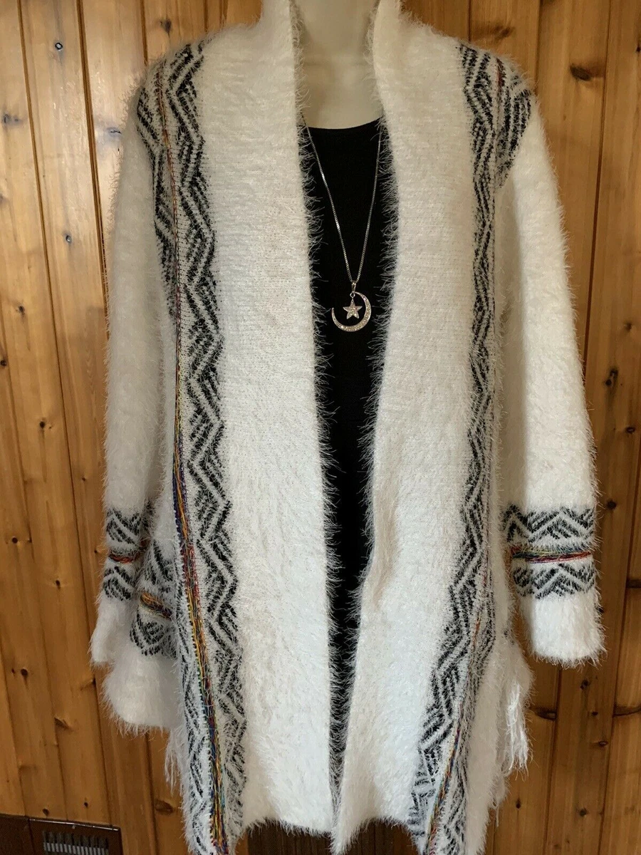 Aztec Tribal southwestern white multi embroidered fuzzy cardigan sweater Large L