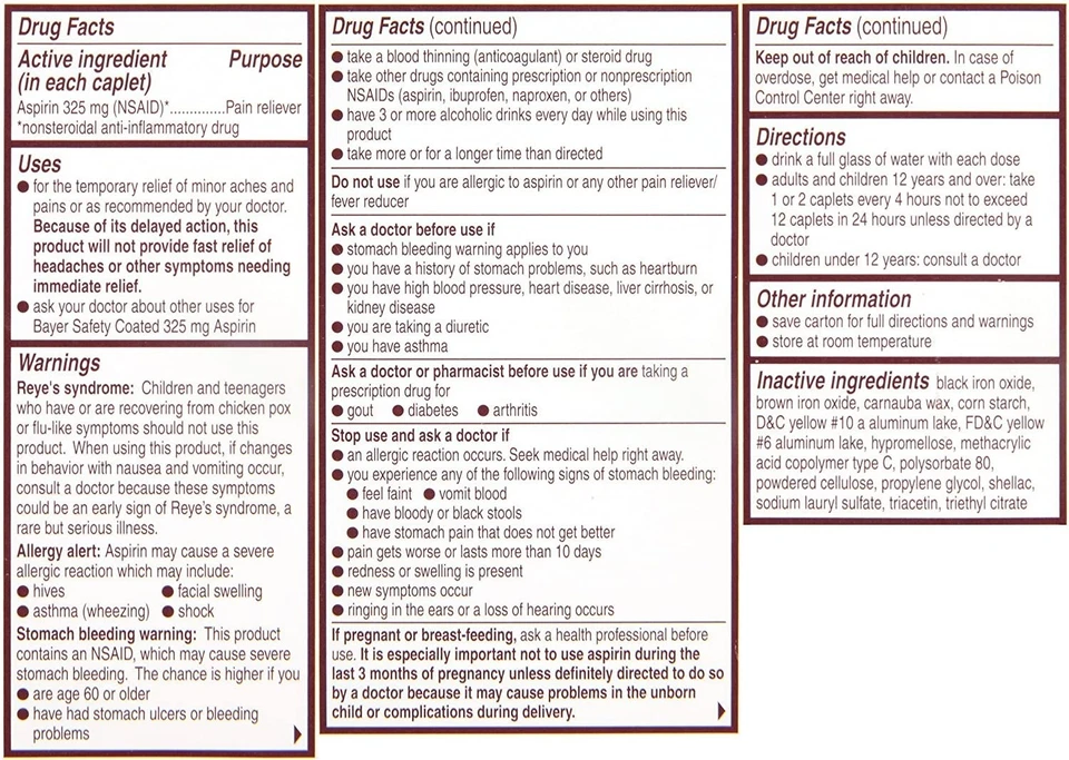 Régimen de aspirina Bayer, comprimidos recubiertos entéricos de 325 mg, analgésico, 100 unidades Foto 4 de 4