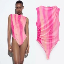 Zara Drape Mesh Tulle High Leg Bodysuit Large