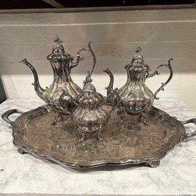 Reed & Barton Winthrop Silverplate Tea & Coffee Set with Tray Baroque Rococo
