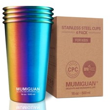 Stainless Steel Cups for Kids 16oz/500ml 4 Pack , Children's Rainbow Electro...