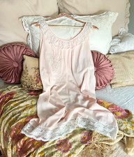 Vintage 60s Pink Babydoll Nightgown, White Lace Ruffles, Floral Embroidery