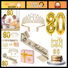 "80th Birthday Decorations Set for Women - Gold Sash, Tiara, Cake Topper, Balloo