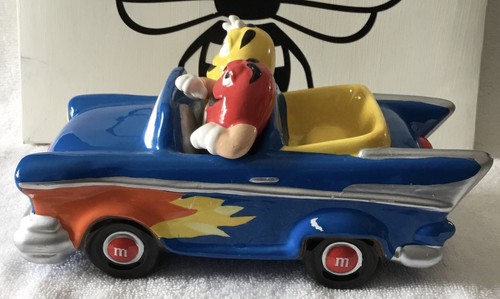 M&M Ceramic Hot Rod Car Blue With Flames Advertising