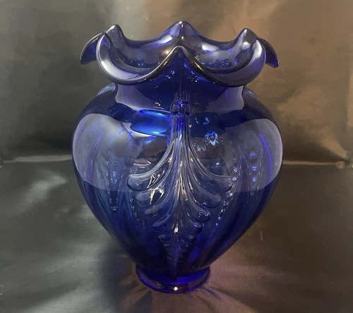 Fenton Art Glass Cobalt Blue Feathered Belly Vase