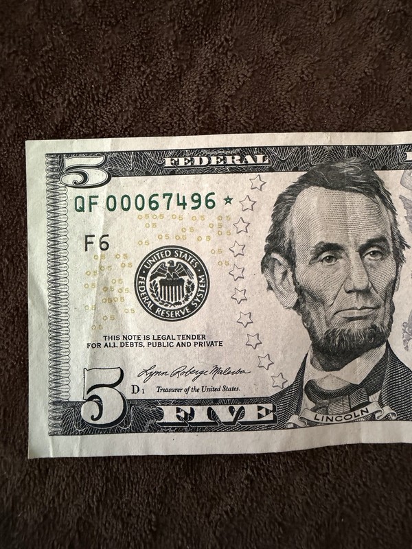 $5 Bill Star Note 2021 Low Serial Number 00067496*