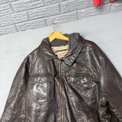Levis Mens XXL Dark Brown Faux Leather Sherpa Lined Hooded Trucker Jacket