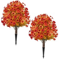 2 Pack Fall Artificial Mums Topiary Ball Tree with Ground Spike Boxwood 25" U...