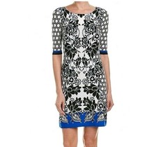 Eliza J Stretchy Sheath Dress Woman Med/8 White Blue Black Floral Honeycomb New