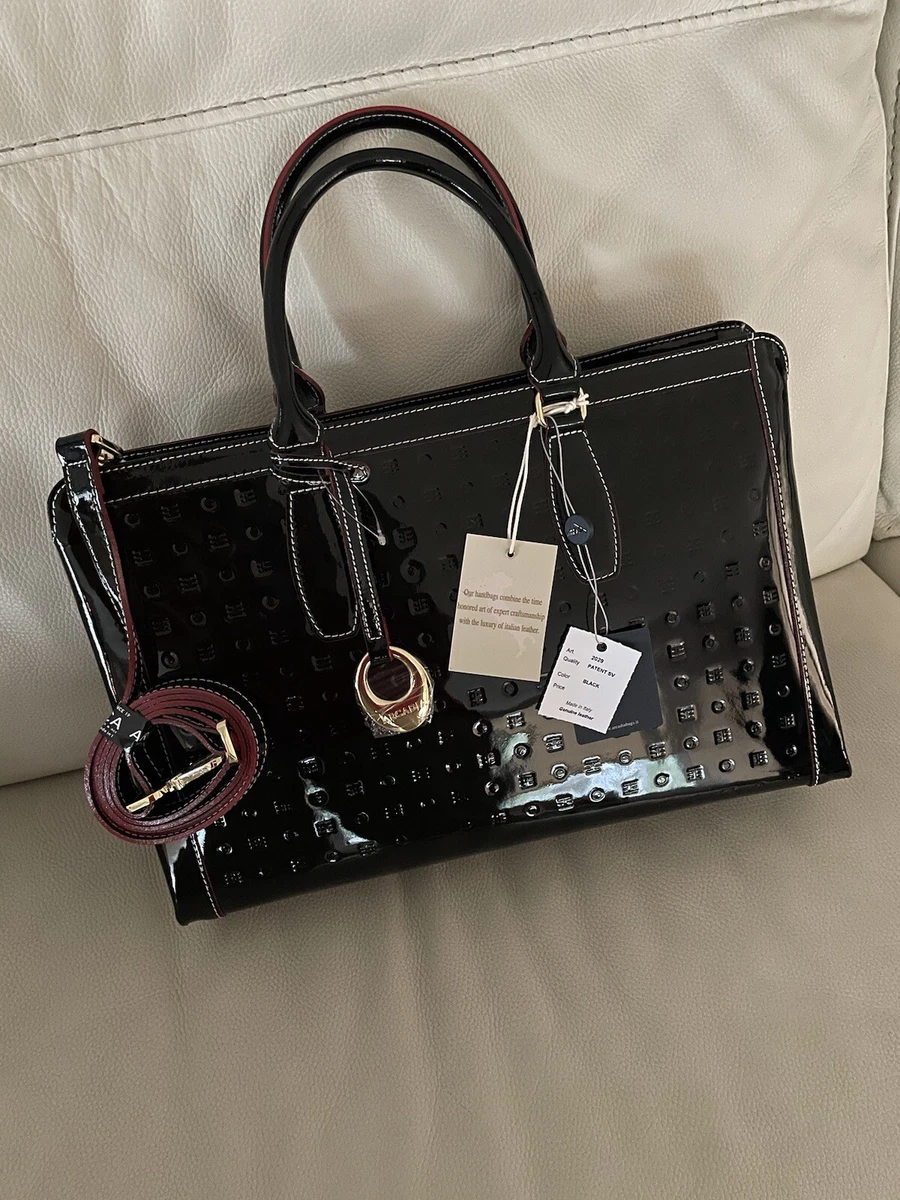 NWT ARCADIA Italian Patent Leather Shoulderbag Tote BLACK 2029
