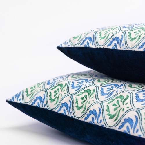 Tamil Batik Boudoir Cushion. Jade Green & Blue Indonesian Floral Emblems. 17x12" - Picture 3 of 4