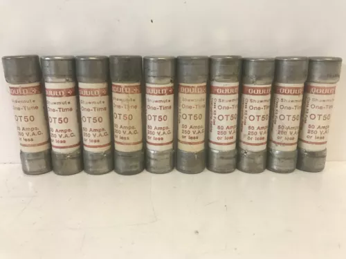 LOT OF (10) NEW OLD STOCK! GOULD SHAWMUT 50A 250V ONE TIME FUSES OT50