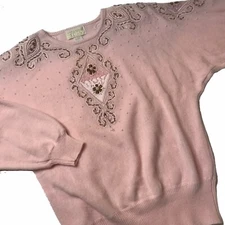 Vintage BELLDINI Sz L Embellished 80s Pink Wool Angora Pullover Sweater Romantic