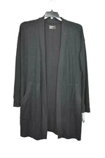 Free Press Womens Black Open Front Long Sleeves Rib Trim Brushed Short Robe M