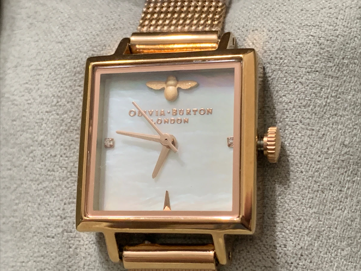 New Olivia Burton Square Dial Bee Rose Gold Strap Watch Mother Of