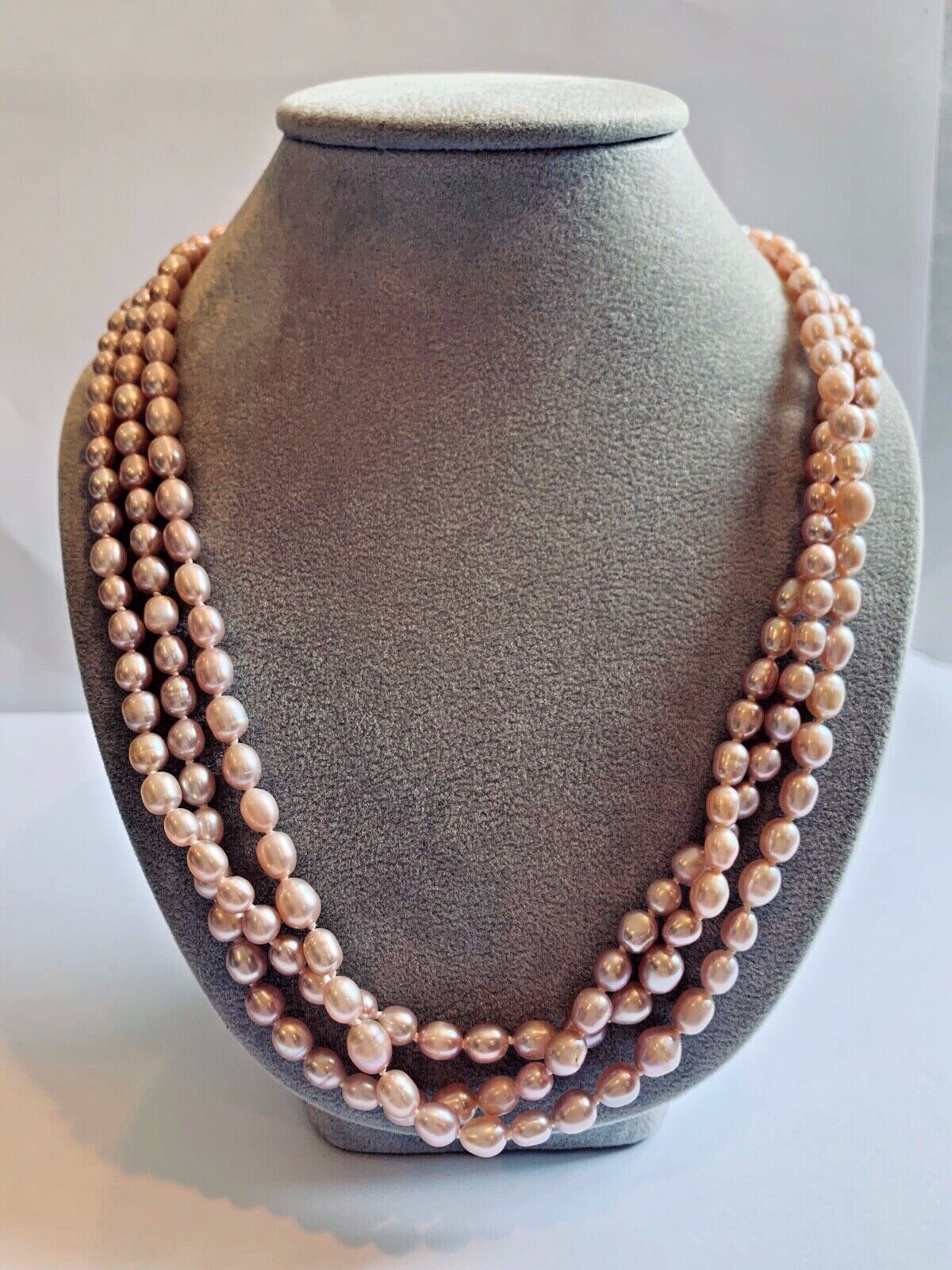 18.5" Triple Strand Oval Freshwater Pink Pearl Necklace