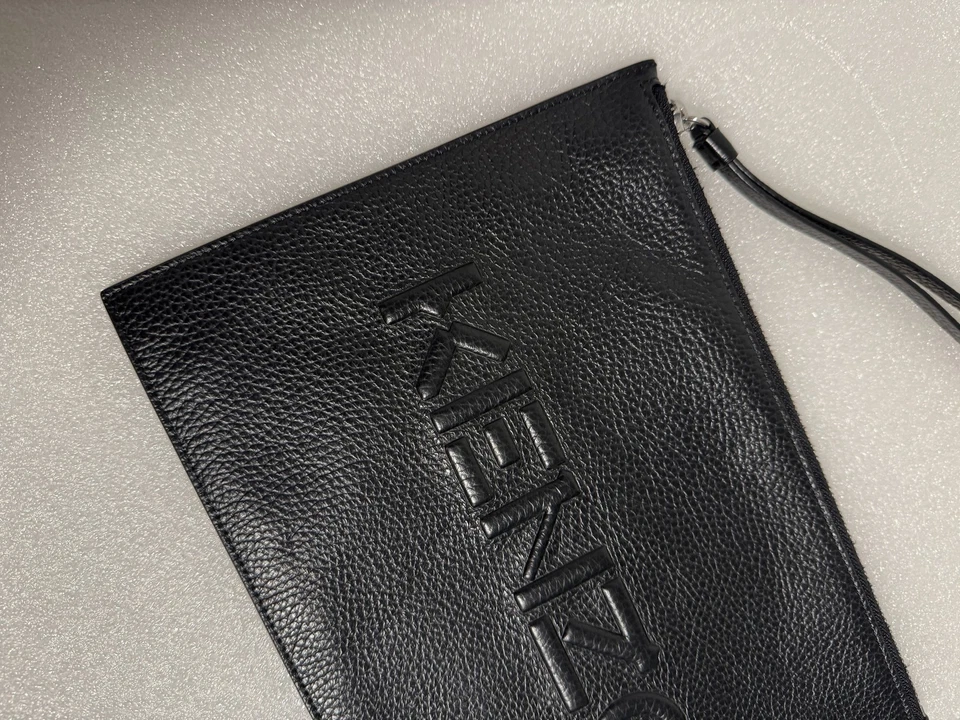 Kenzo Pouch Bag Leather Clutch Wristlet Zip Case Travel Unisex Embossed Black - Image 3 of 4