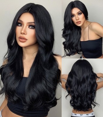 Long Wavy Heat Resistant Synthetic Hair Black Cosplay Party Wigs Women