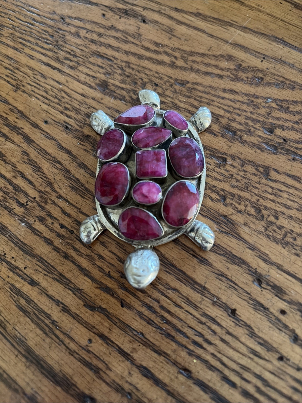 Sterling Silver Raw Cut Ruby Turtle Pendant - image 1