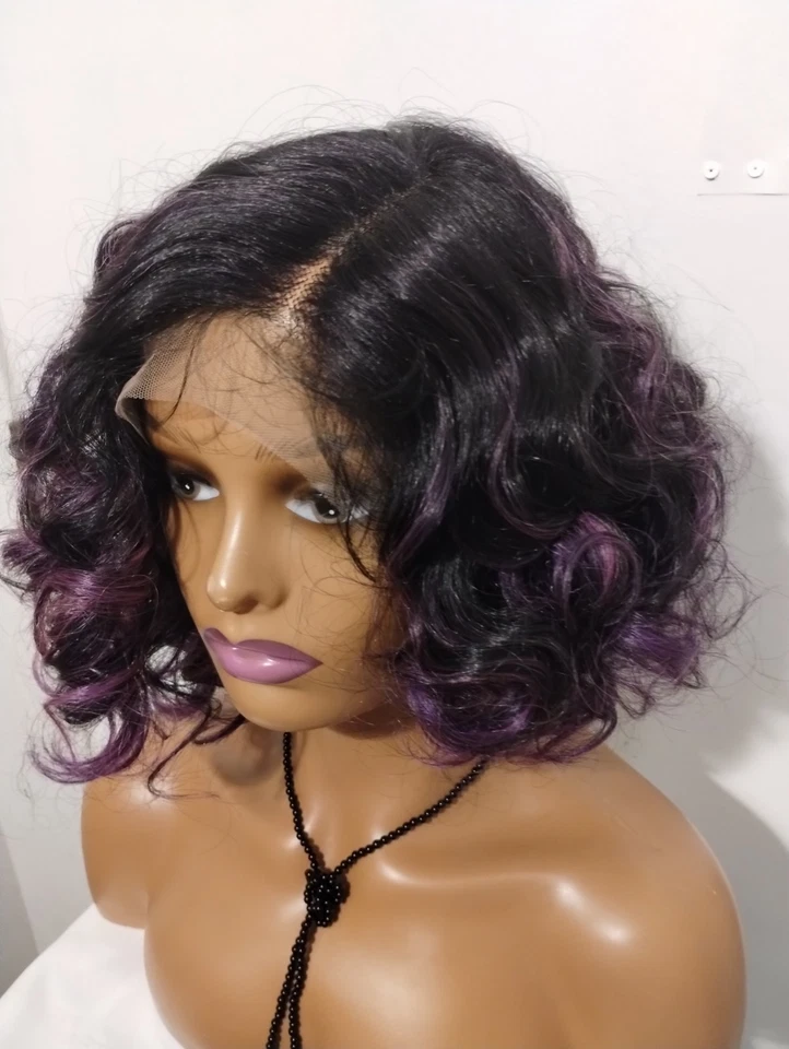 Peruca frontal de renda preta e roxa encaracolada estilo Bob. sintética - Imagem 2 de 4