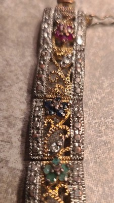 Sterling Silver Vermeil Gold on SS CZ Emerald,Ruby,Sapphire Tennis Bracelet 34g
