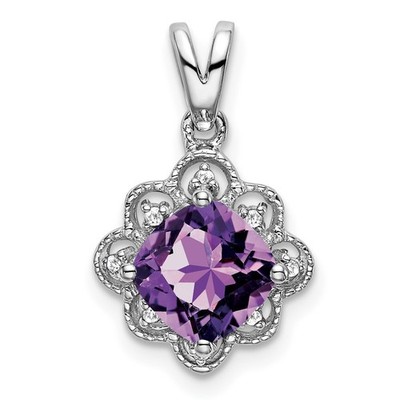 14k Weißgold 7mm Kissen Amethyst und Diamant überbacken Charm Anhänger