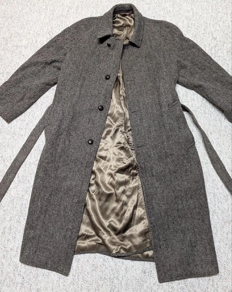 vintage USA made NORDSTROM herringbone TWEED overcoat 44L brown BELTED wool image 4