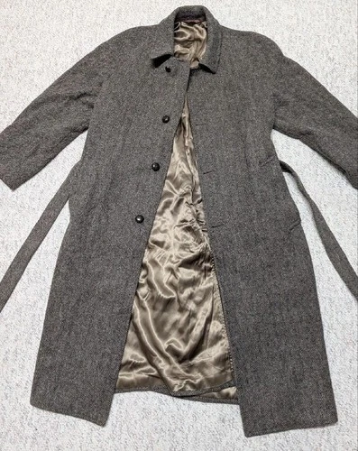 vintage USA made NORDSTROM herringbone TWEED overcoat 44L brown BELTED wool image 4