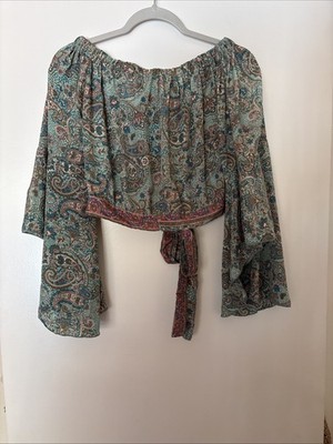 Karma Highway One Size Crop Bell Sleeve Turquoise Paisley Top Tie Back