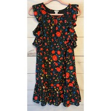 J.Crew Women Black Red Floral Ruffle Sleeveless Tiered Mini Dress XS J0084